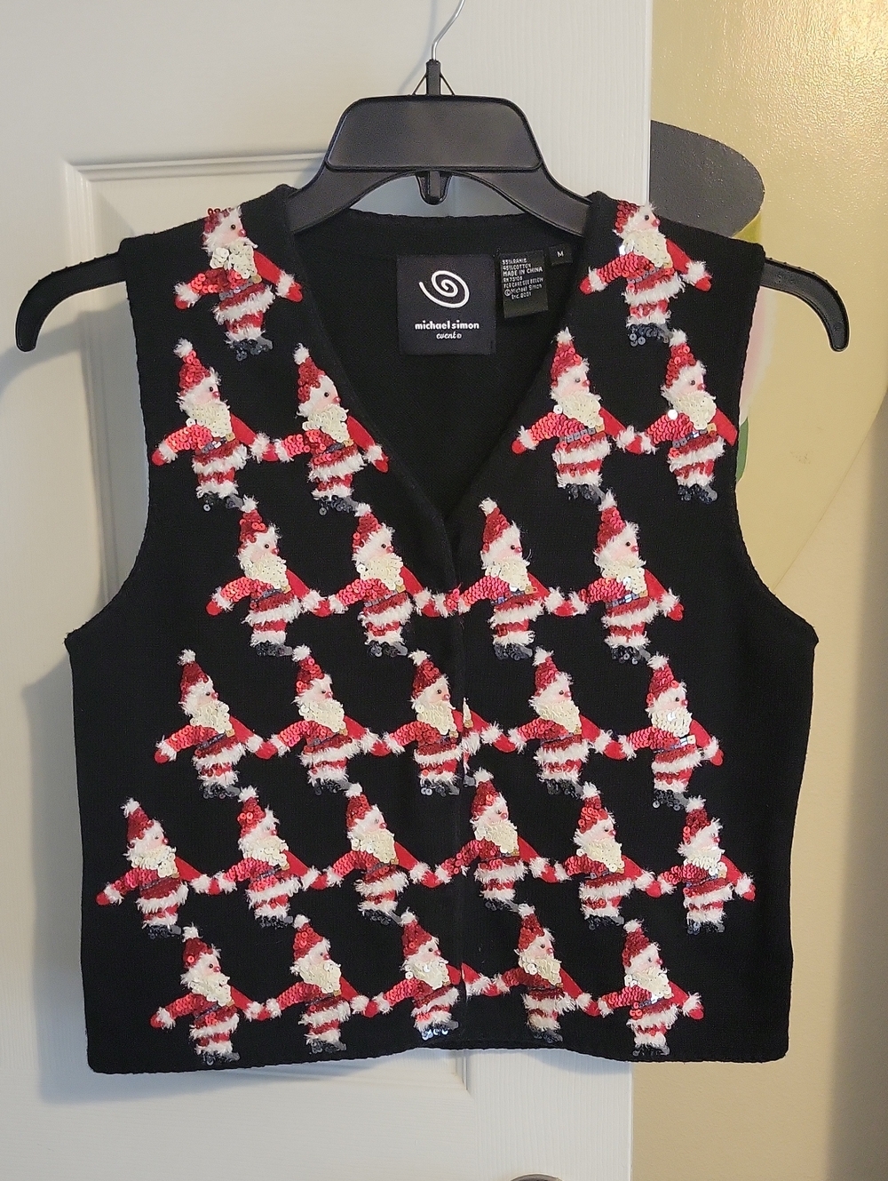 Michael Simon SzMed Rami/Cotton Black Knit Holiday Vest Red, White Sequin Santas